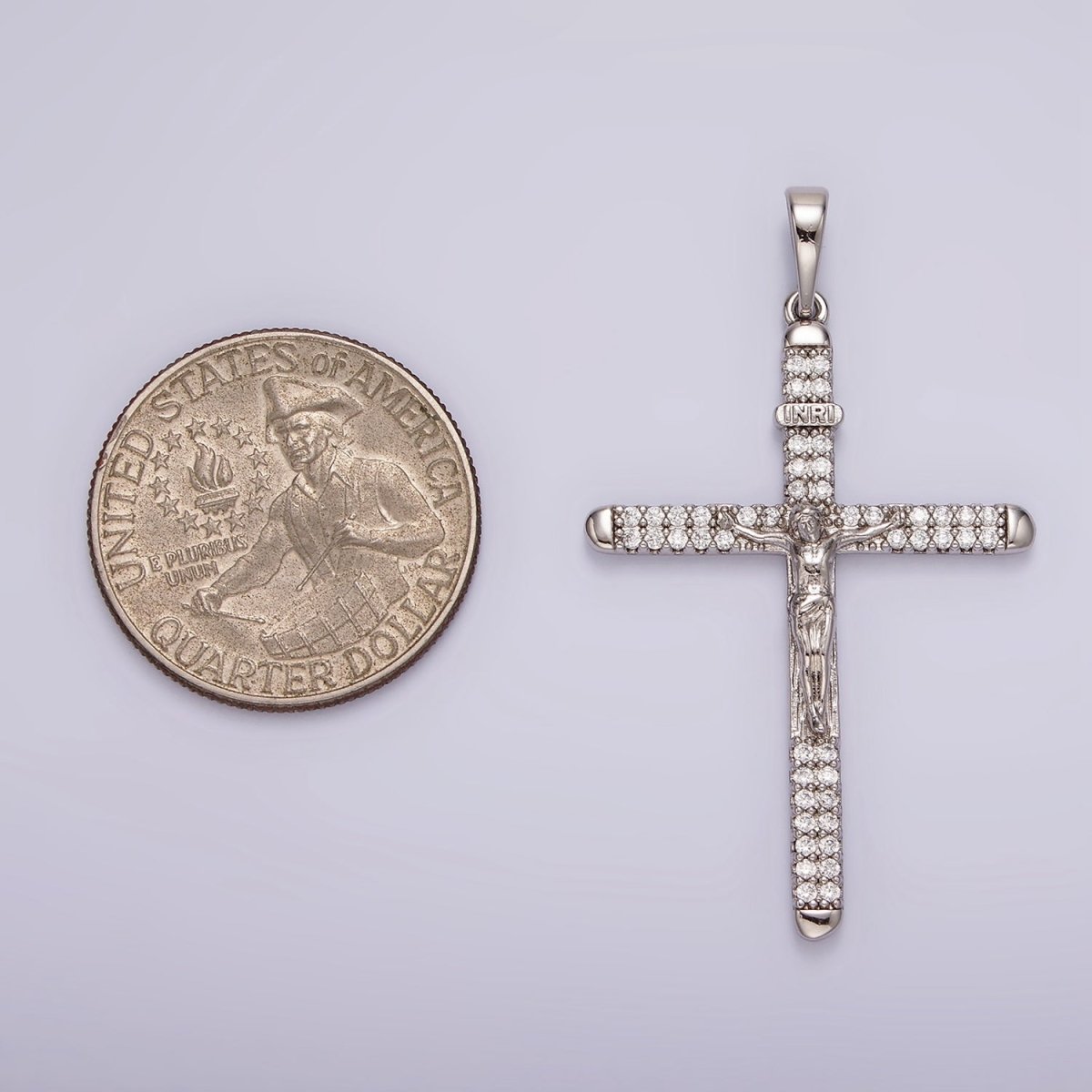 White Gold Filled 50mm Jesus Crucifix "INRI" Micro Paved CZ Cross Pendant | AA1123