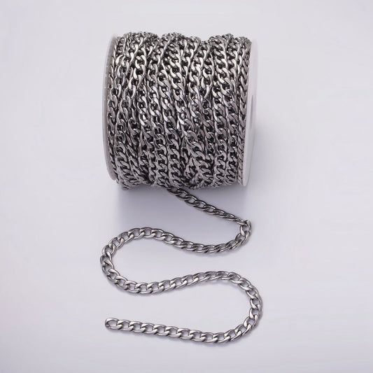 White Gold Filled 7.5mm Cuban Concave Flat Curb Unfinished Chain For Jewelry Making | ROLL-1489 Clearance Pricing