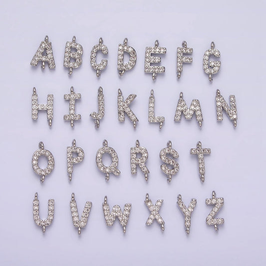 White Gold Filled A-Z Initial Letter Micro Paved CZ Sideway Loop Personalized Connector | A-664-A-676