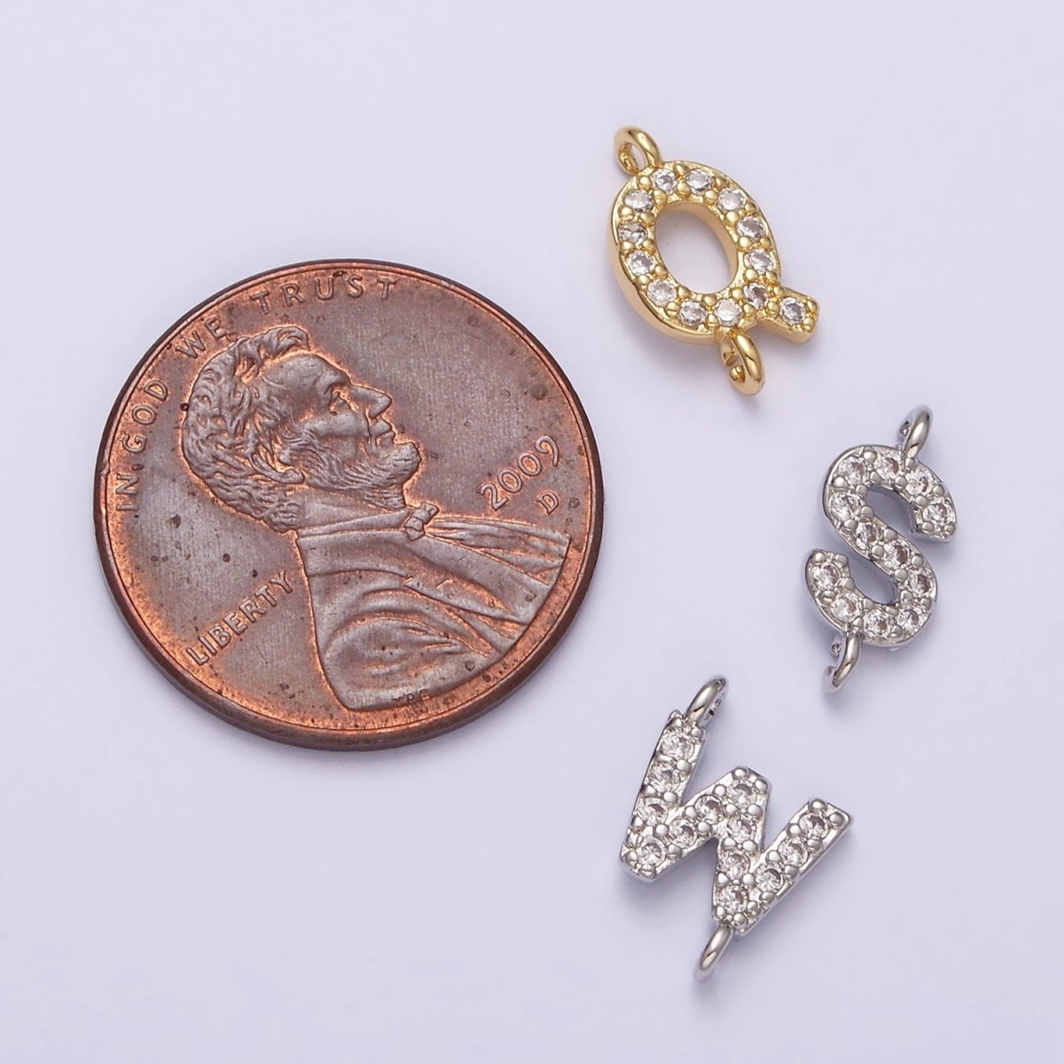 White Gold Filled A-Z Initial Letter Micro Paved CZ Sideway Loop Personalized Connector | A-664-A-676