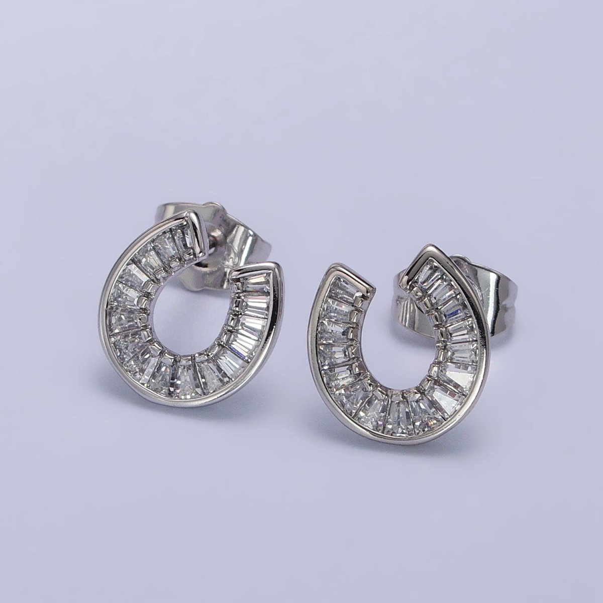 White Gold Filled Baguette Circular Lucky Horseshoe Stud Earrings | AB1041