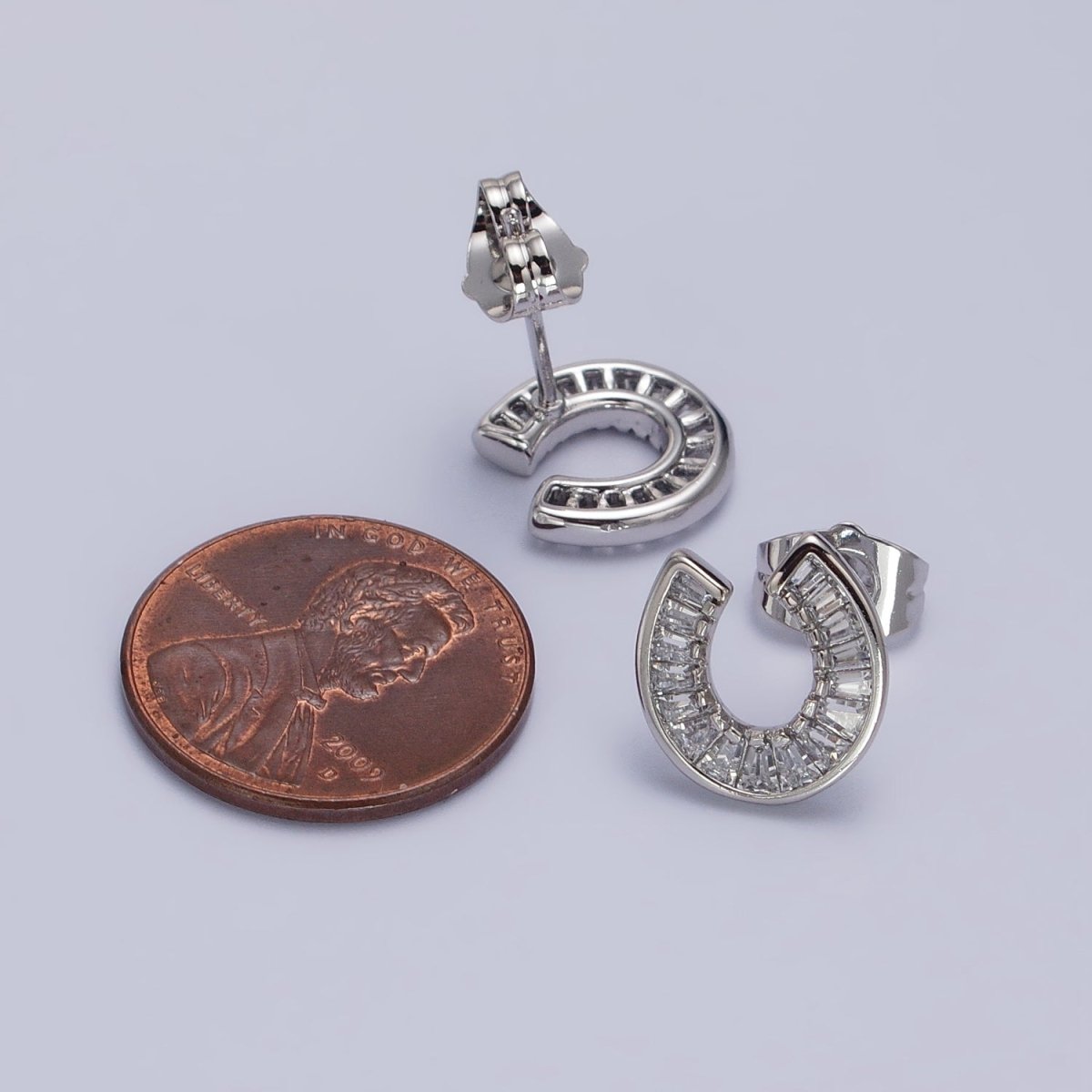 White Gold Filled Baguette Circular Lucky Horseshoe Stud Earrings | AB1041