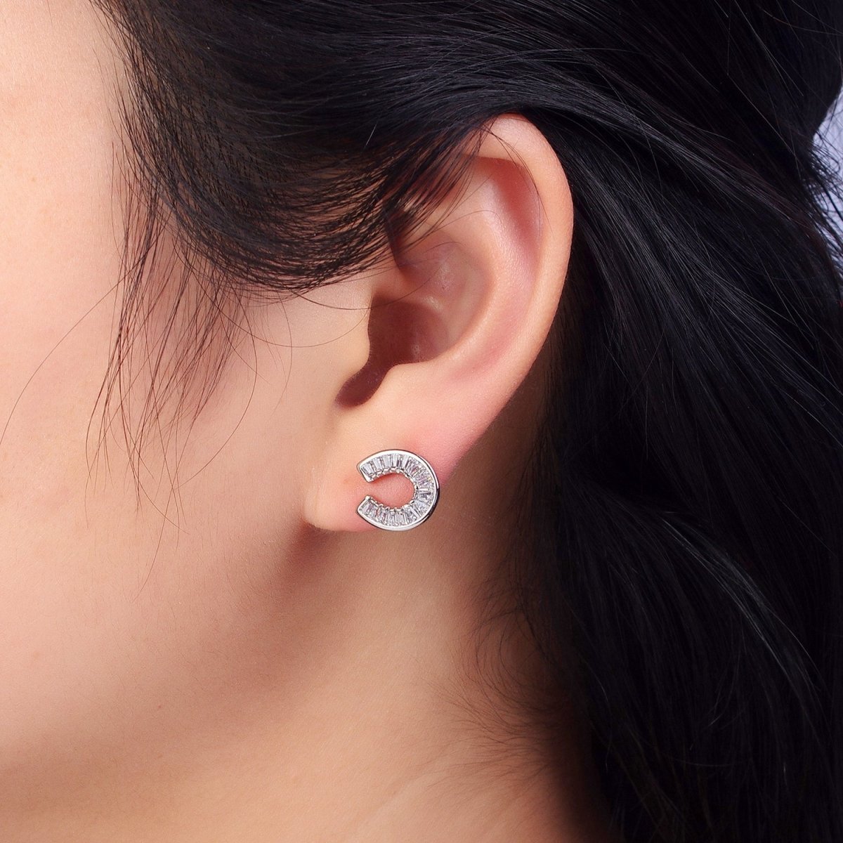 White Gold Filled Baguette Circular Lucky Horseshoe Stud Earrings | AB1041