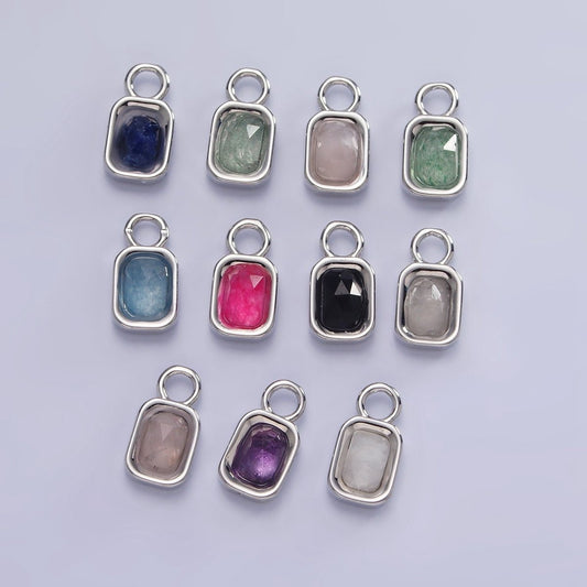 White Gold Filled Baguette Multifaceted Natural Gemstone Personalized Add-On Silver Charm | AC1400 - AC1410