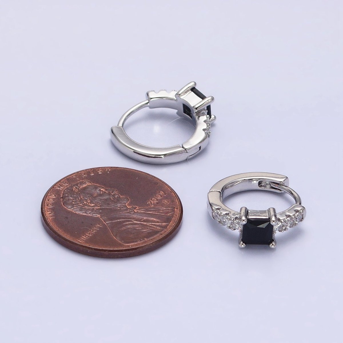 White Gold Filled Black Square CZ Clear Micro Paved Thin 12.6mm Cartilage Huggie | AB1490