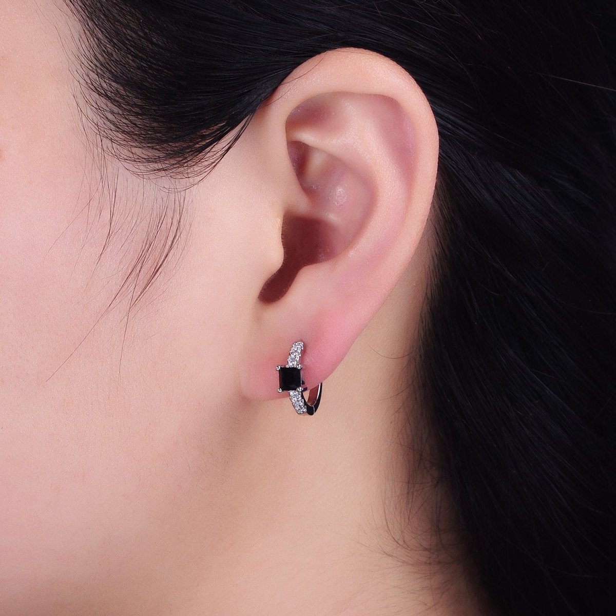 White Gold Filled Black Square CZ Clear Micro Paved Thin 12.6mm Cartilage Huggie | AB1490