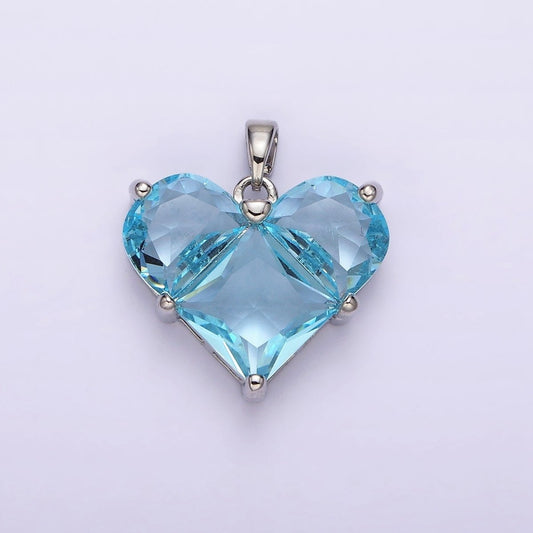 White Gold Filled Blue CZ Pixelated Heart Silver Pendant | AA763