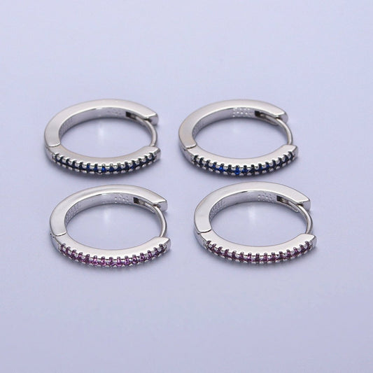 White Gold Filled Blue, Fuchsia Micro Paved CZ 17mm Silver Huggie Earrings | AB012 AB014