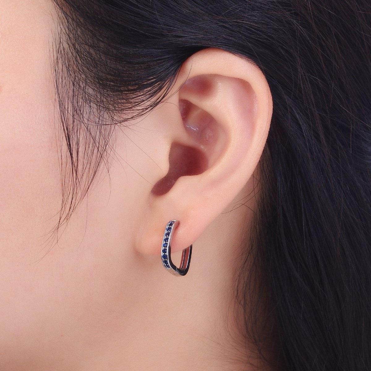 White Gold Filled Blue Micro Paved CZ Lined Silver Square Huggie Earrings  P-499
