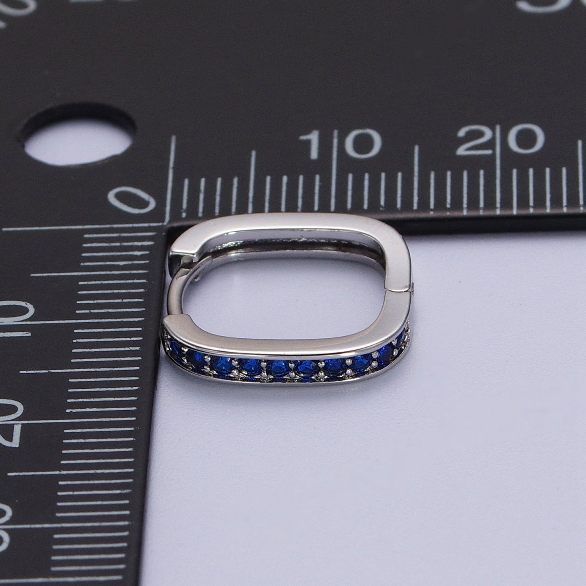 White Gold Filled Blue Micro Paved CZ Lined Silver Square Huggie Earrings  P-499