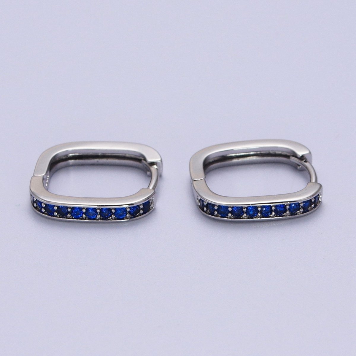White Gold Filled Blue Micro Paved CZ Lined Silver Square Huggie Earrings  P-499
