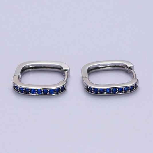 White Gold Filled Blue Micro Paved CZ Lined Silver Square Huggie Earrings  P-499
