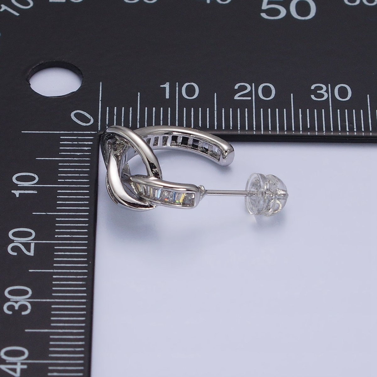 White Gold Filled Clear Baguette Bar Abstract Twirl Stud Earrings | AD1299