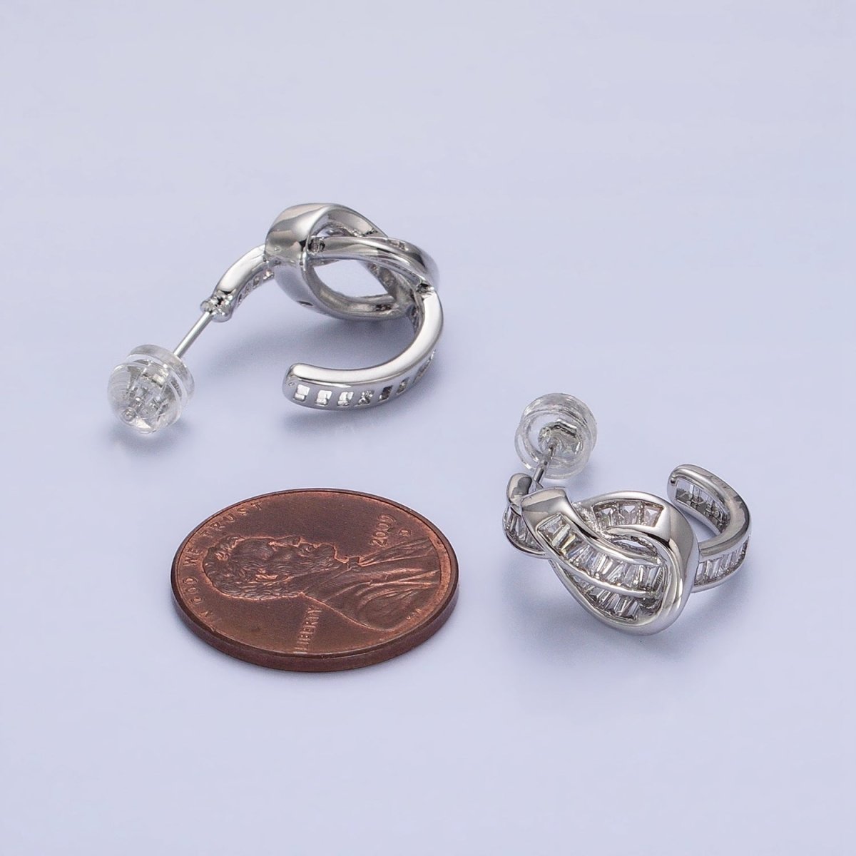 White Gold Filled Clear Baguette Bar Abstract Twirl Stud Earrings | AD1299