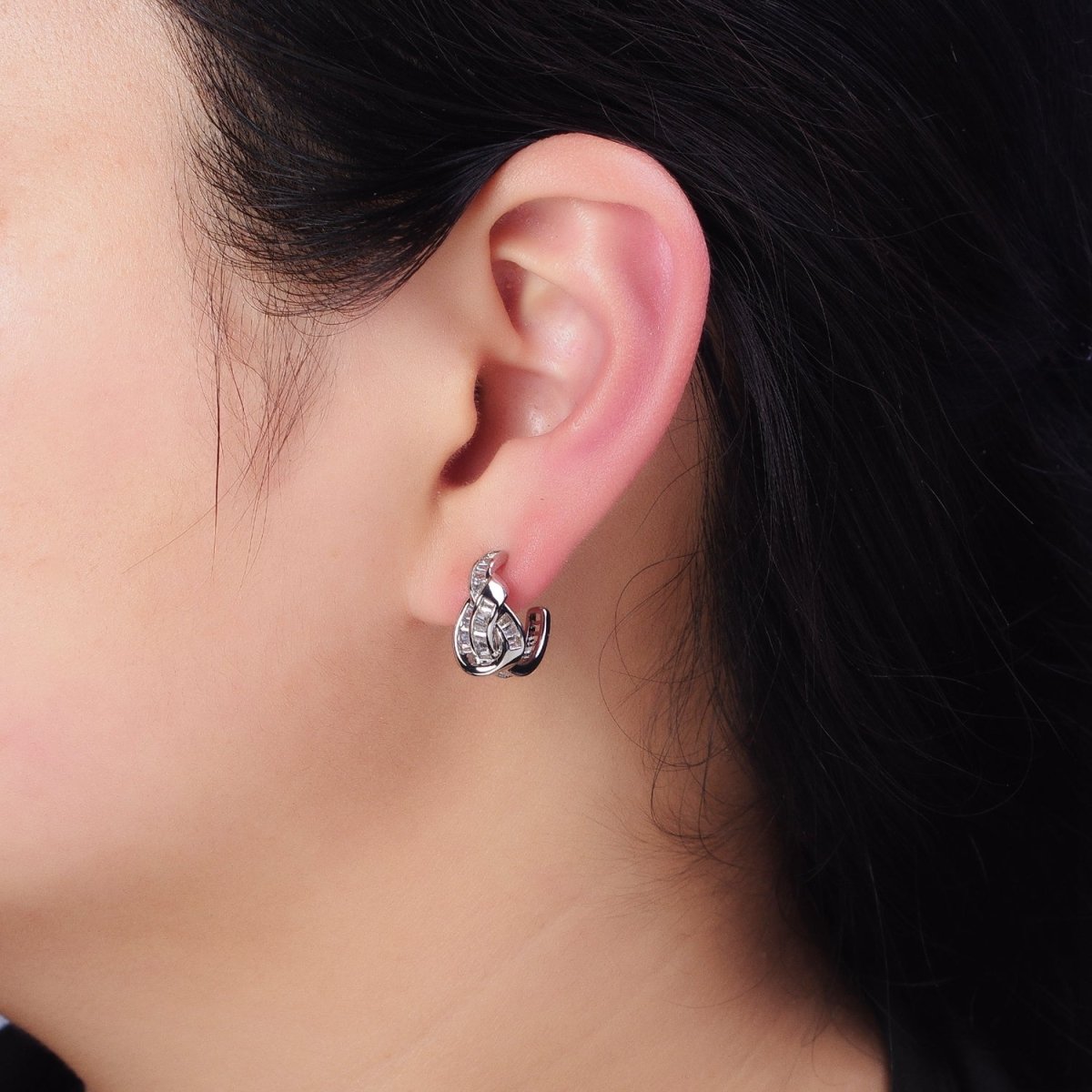 White Gold Filled Clear Baguette Bar Abstract Twirl Stud Earrings | AD1299