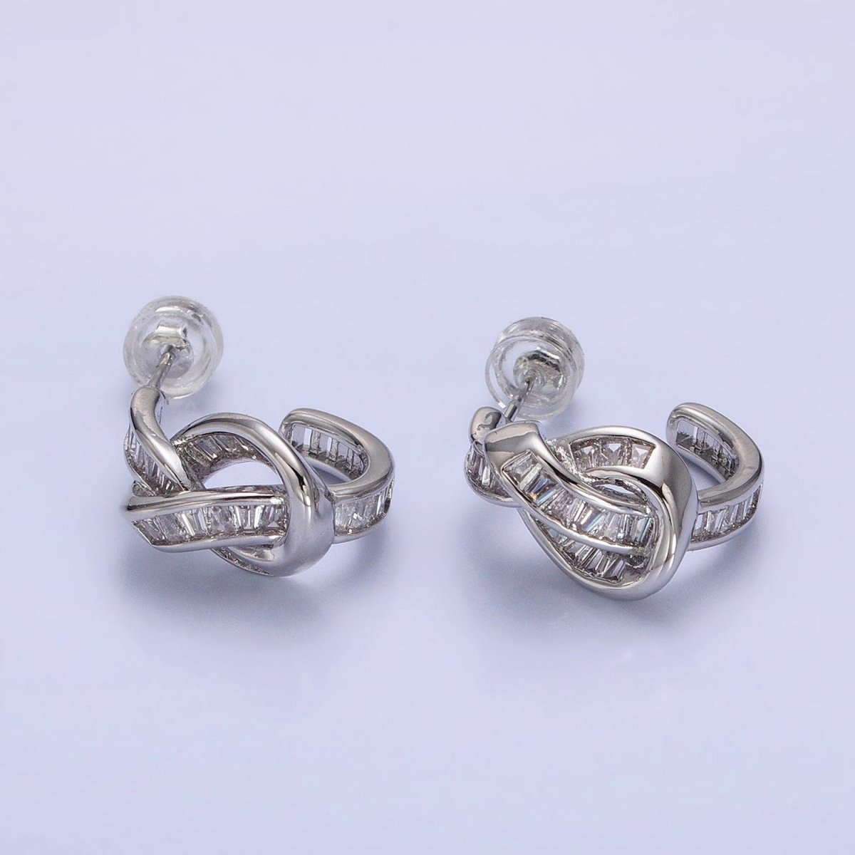 White Gold Filled Clear Baguette Bar Abstract Twirl Stud Earrings | AD1299