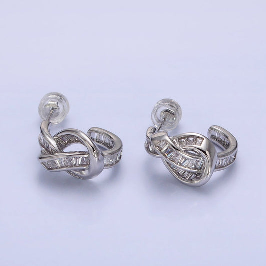 White Gold Filled Clear Baguette Bar Abstract Twirl Stud Earrings | AD1299