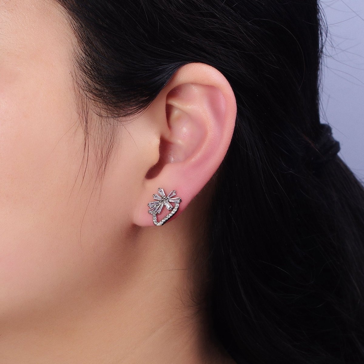 White Gold Filled Clear Baguette Flower Geometric Micro Paved CZ Stud Earrings | AD821