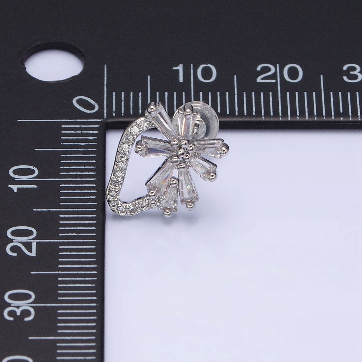 White Gold Filled Clear Baguette Flower Geometric Micro Paved CZ Stud Earrings | AD821