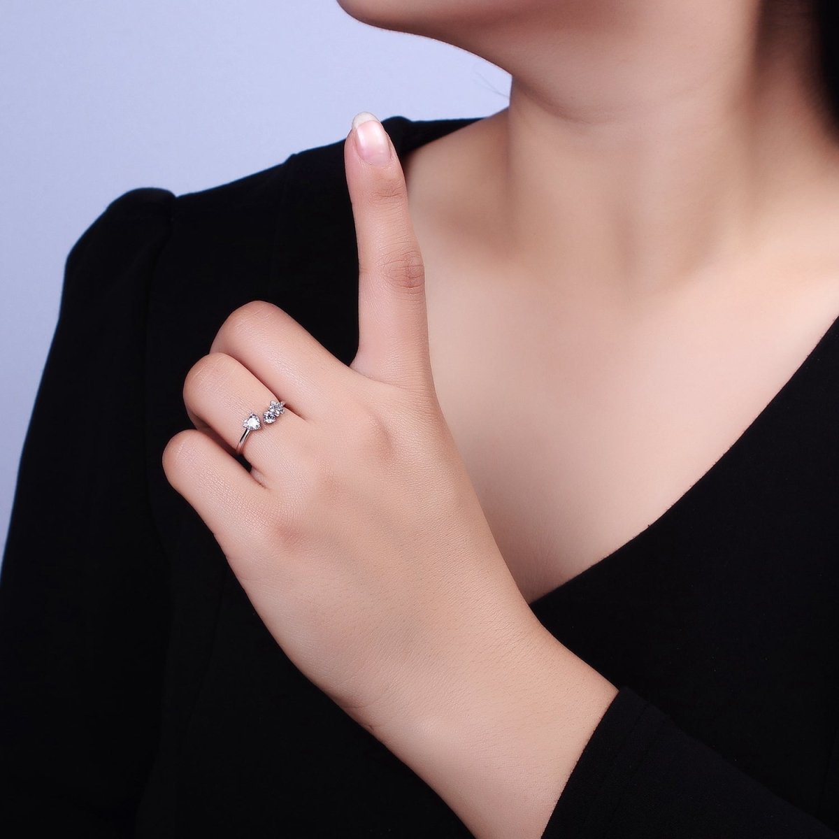 White Gold Filled Clear CZ Heart Flower Open Adjustable Ring | O-012