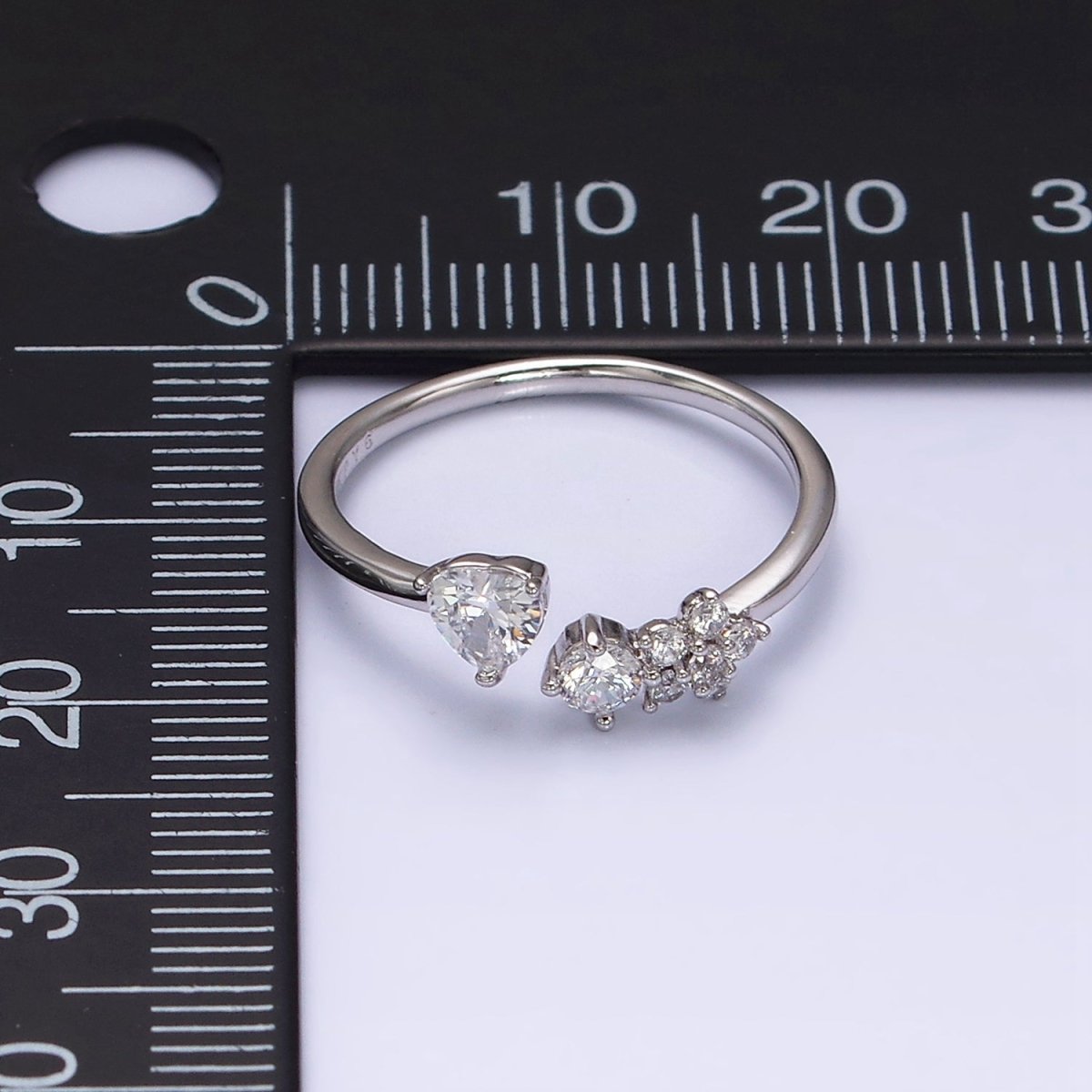 White Gold Filled Clear CZ Heart Flower Open Adjustable Ring | O-012