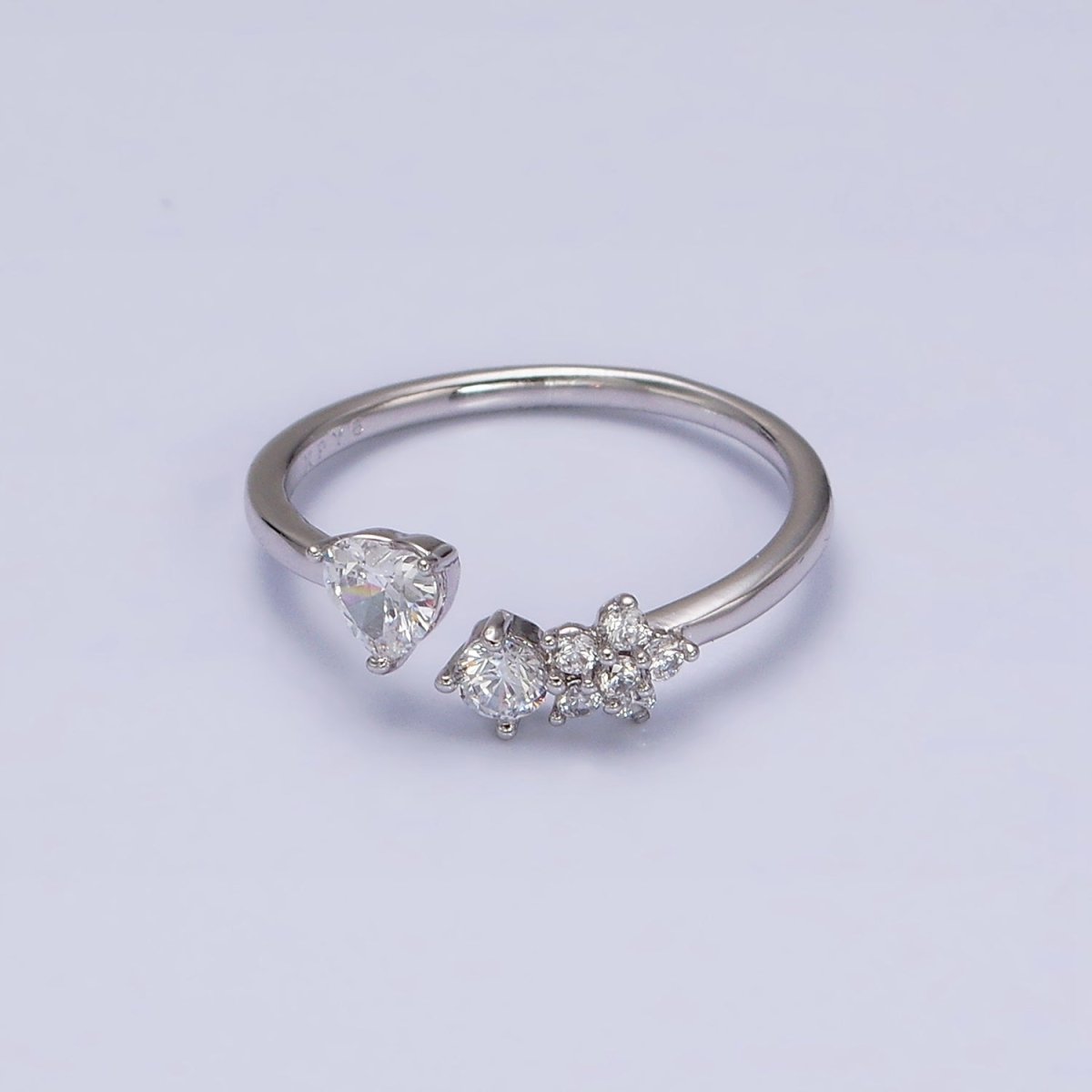 White Gold Filled Clear CZ Heart Flower Open Adjustable Ring | O-012