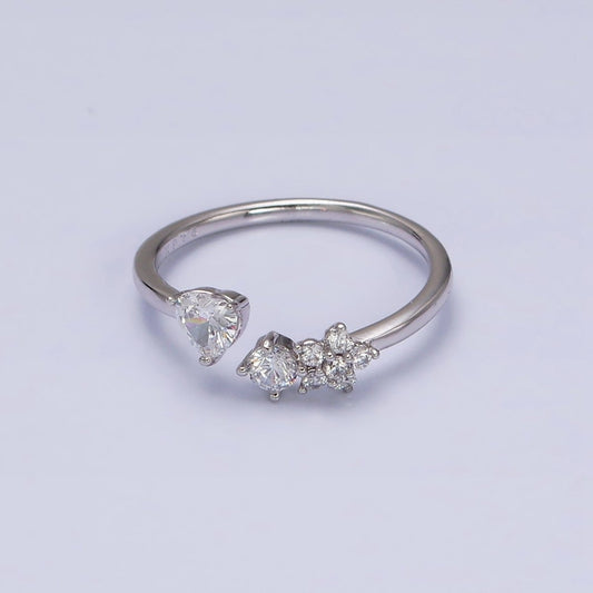 White Gold Filled Clear CZ Heart Flower Open Adjustable Ring | O-012