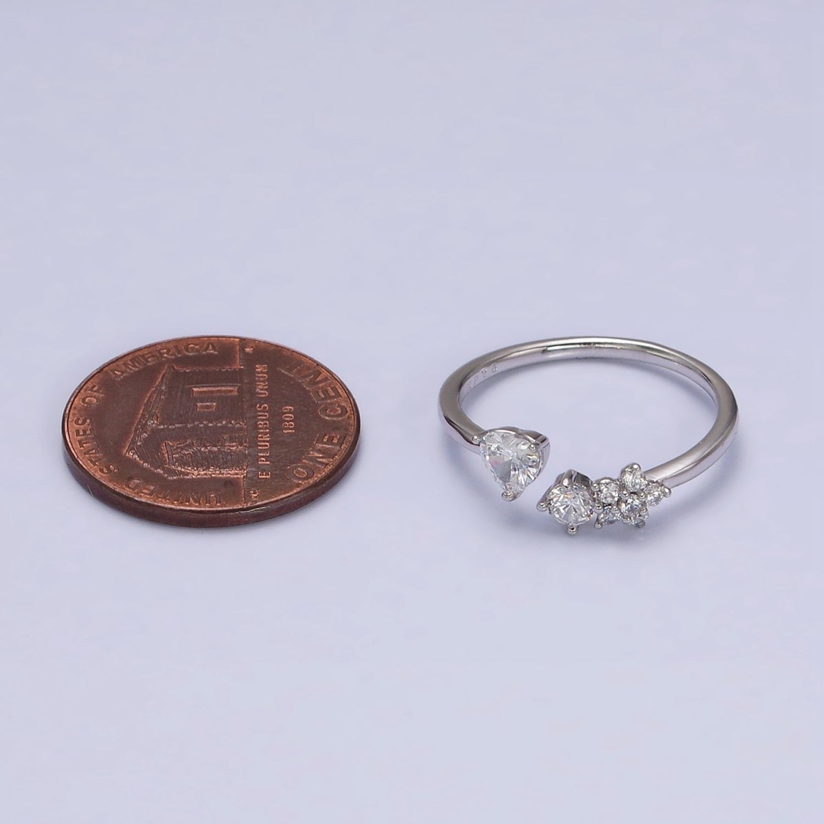 White Gold Filled Clear CZ Heart Flower Open Adjustable Ring | O-012