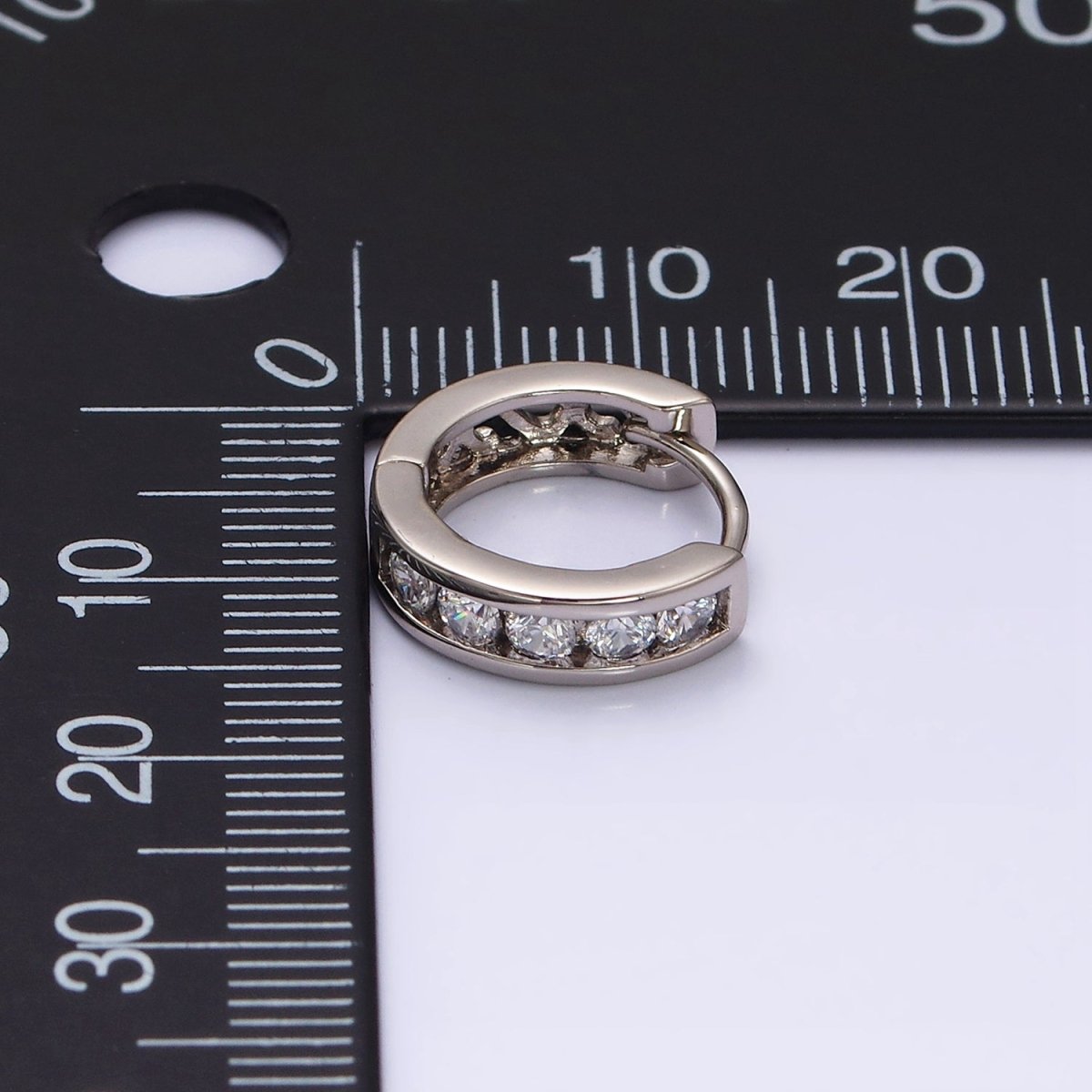 White Gold Filled Clear CZ Lined 14.5mm Huggie Hoop Earrings | AD1314