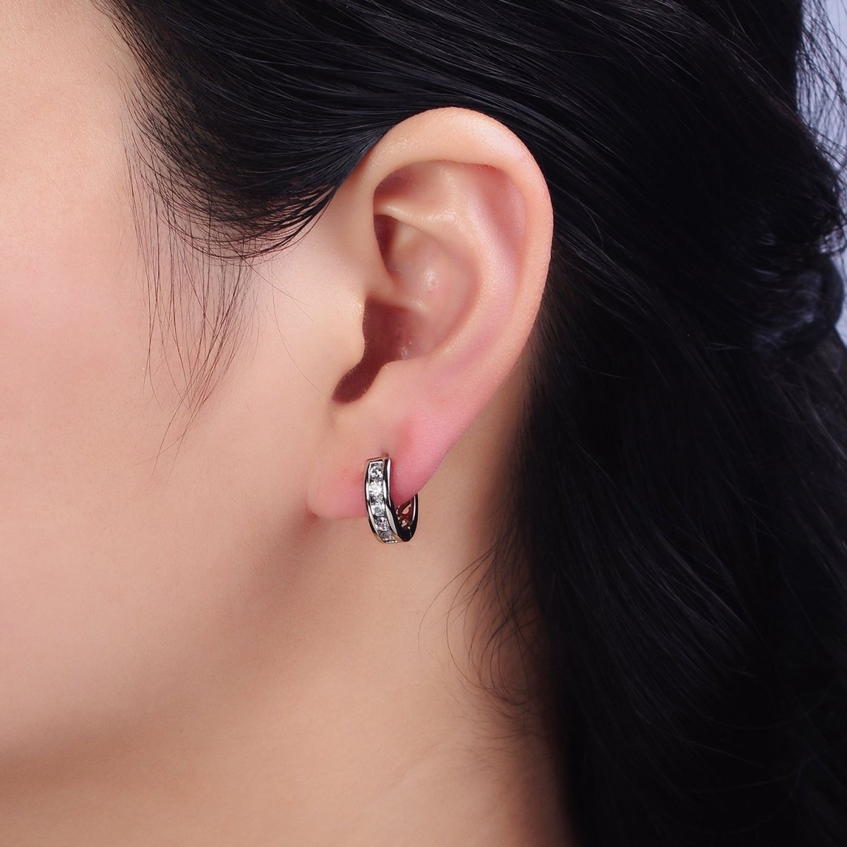 White Gold Filled Clear CZ Lined 14.5mm Huggie Hoop Earrings | AD1314