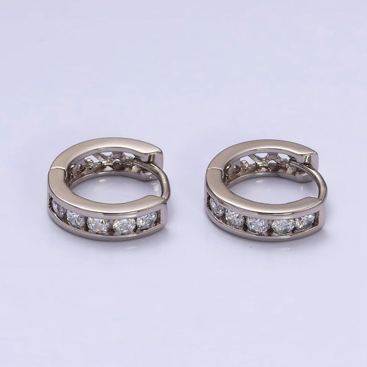 White Gold Filled Clear CZ Lined 14.5mm Huggie Hoop Earrings | AD1314