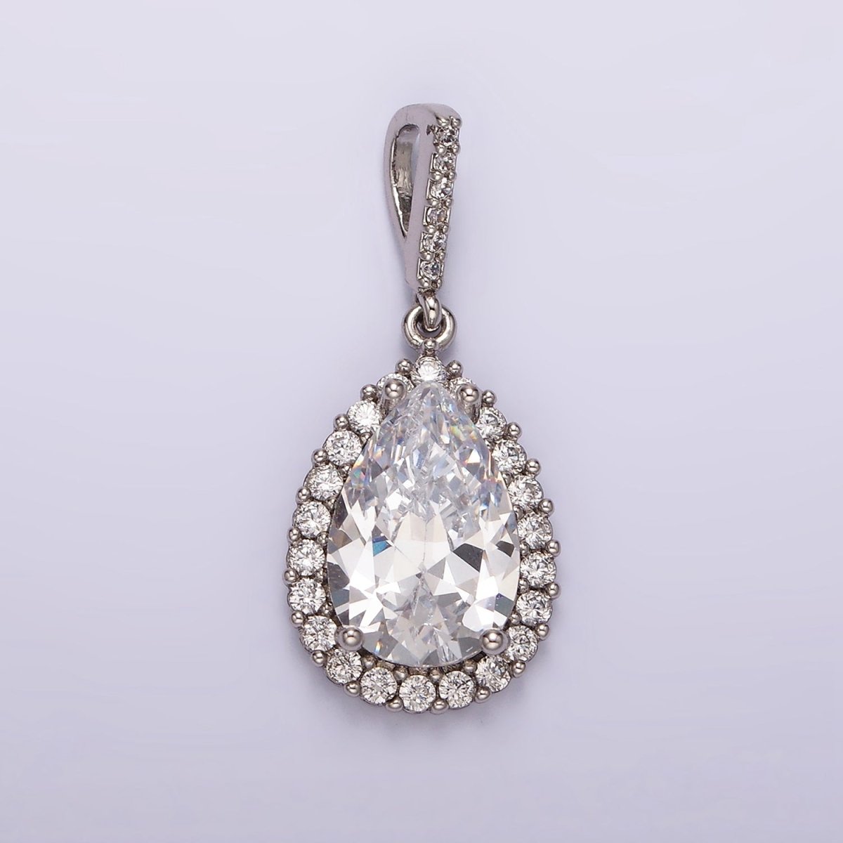 White Gold Filled Clear CZ Lined Teardrop Micro Paved Pendant | AA1124