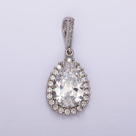 White Gold Filled Clear CZ Lined Teardrop Micro Paved Pendant | AA1124