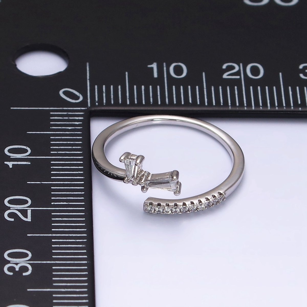 White Gold Filled Clear Double Baguette Micro Paved Lined Open Adjustable Ring | O-010
