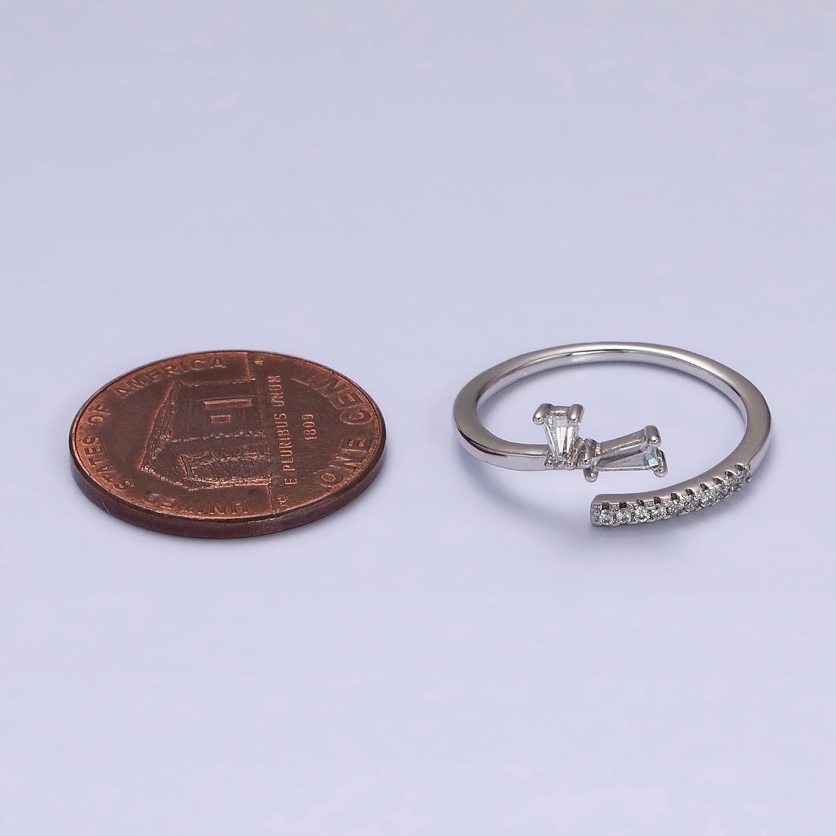 White Gold Filled Clear Double Baguette Micro Paved Lined Open Adjustable Ring | O-010