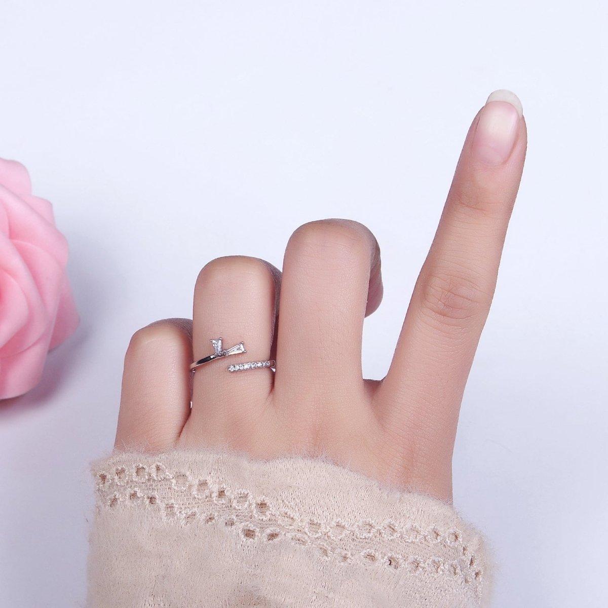 White Gold Filled Clear Double Baguette Micro Paved Lined Open Adjustable Ring | O-010