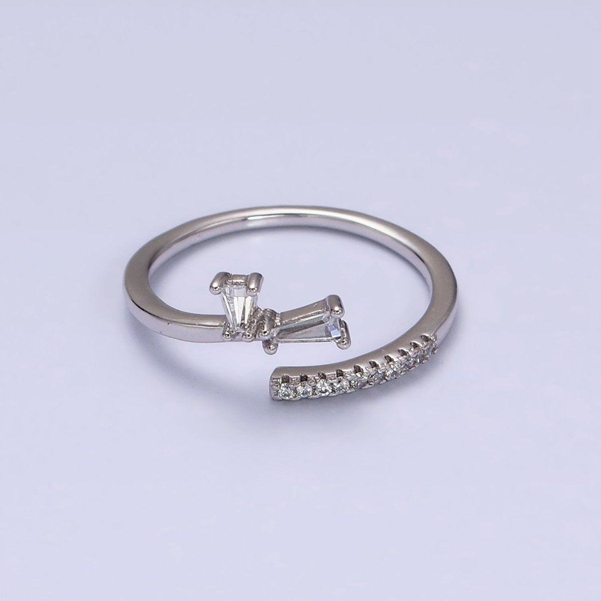 White Gold Filled Clear Double Baguette Micro Paved Lined Open Adjustable Ring | O-010