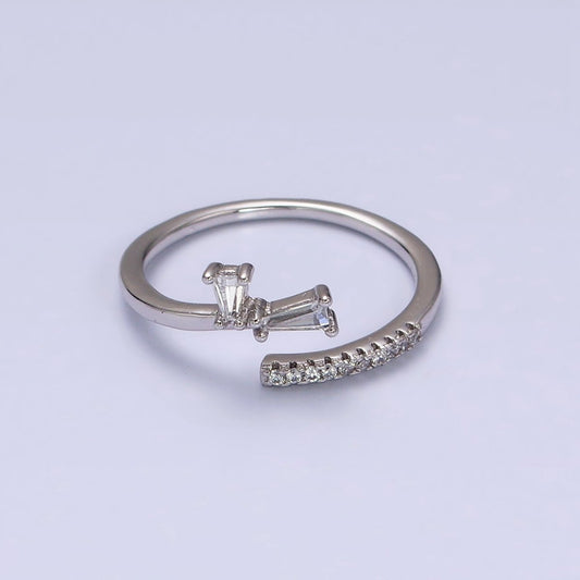 White Gold Filled Clear Double Baguette Micro Paved Lined Open Adjustable Ring | O-010