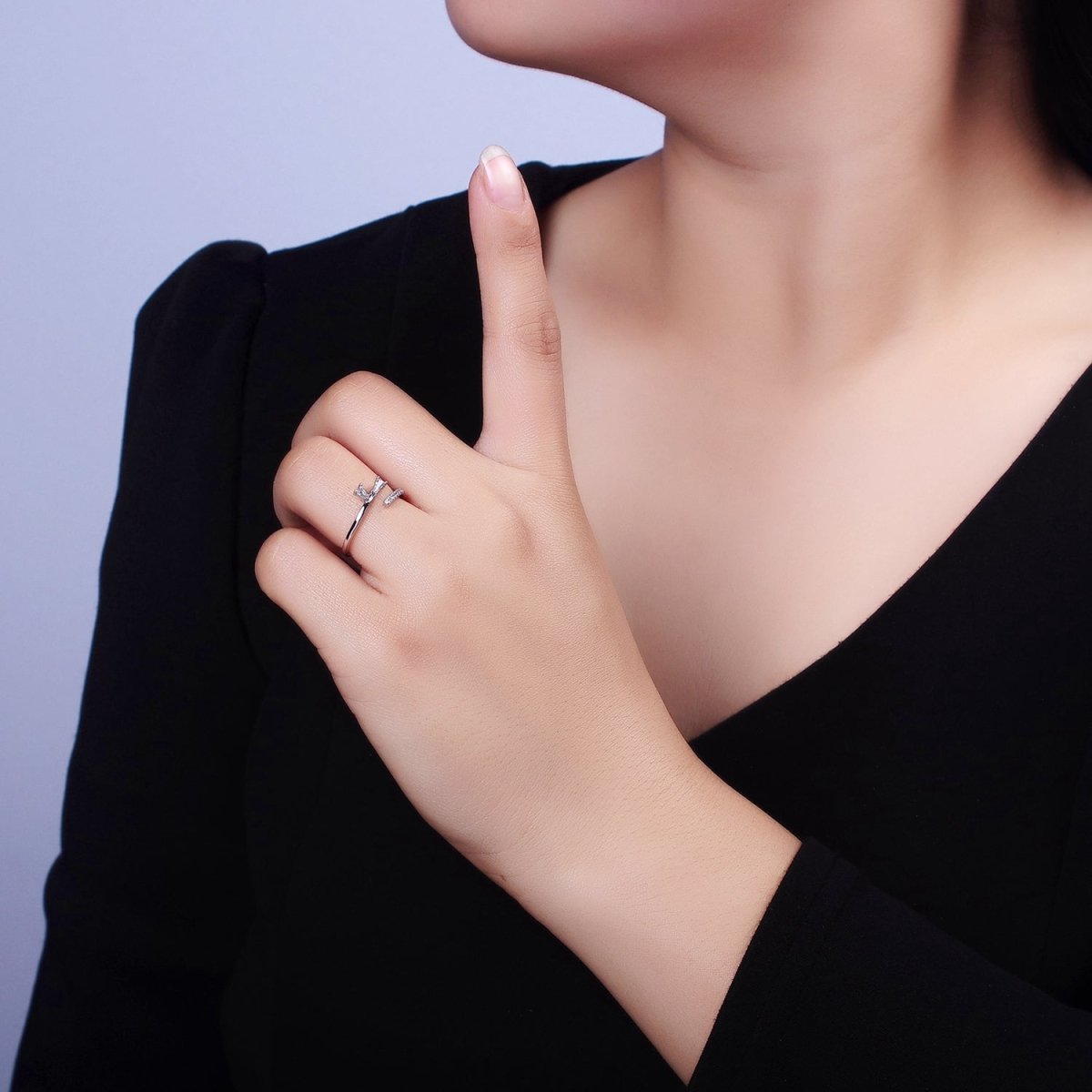 White Gold Filled Clear Double Baguette Micro Paved Lined Open Adjustable Ring | O-010