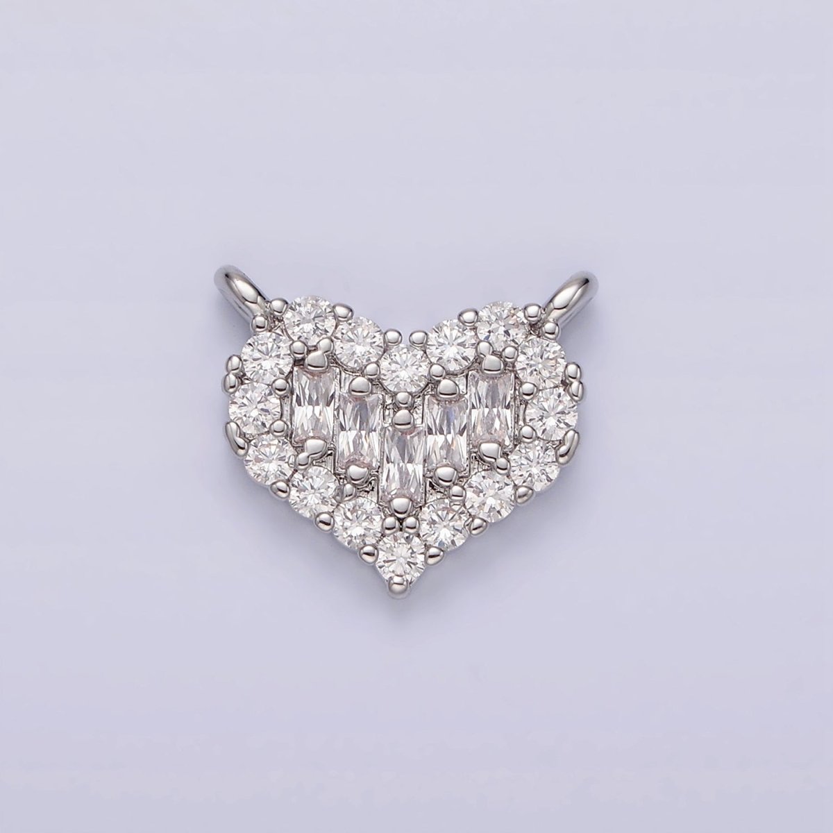White Gold Filled Clear Multiple Baguette Micro Paved CZ 14mm Heart Connector G-787