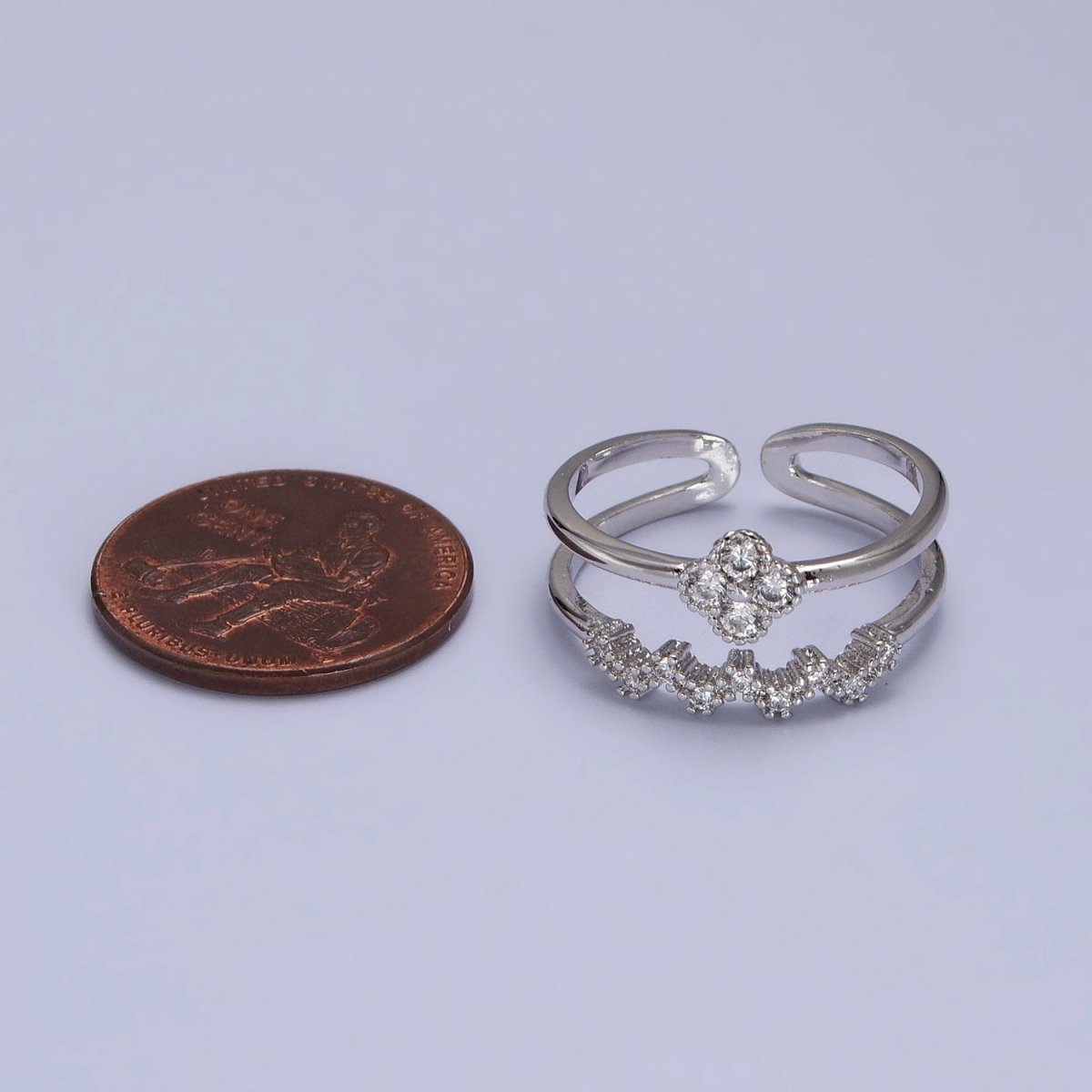 White Gold Filled Clear Quatrefoil Micro Paved CZ Double Band Silver Ring | R-073
