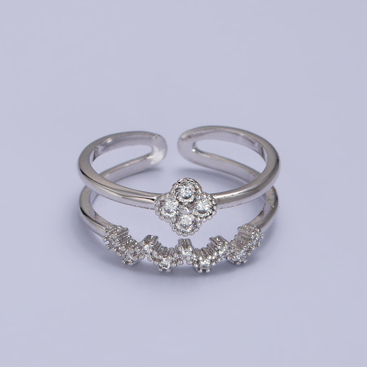 White Gold Filled Clear Quatrefoil Micro Paved CZ Double Band Silver Ring | R-073