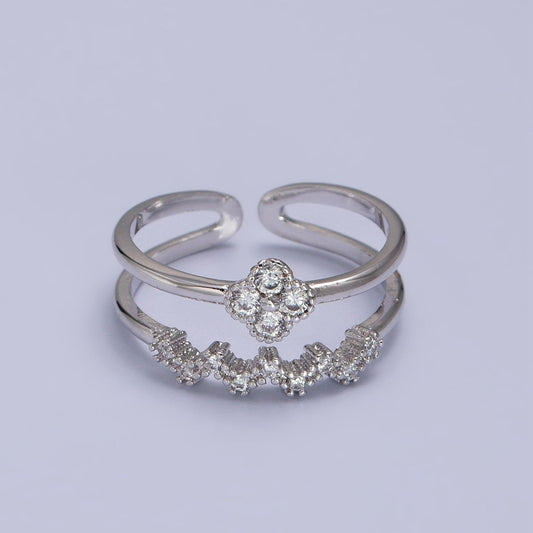 White Gold Filled Clear Quatrefoil Micro Paved CZ Double Band Silver Ring | R-073