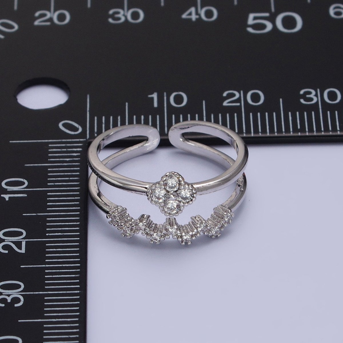 White Gold Filled Clear Quatrefoil Micro Paved CZ Double Band Silver Ring | R-073