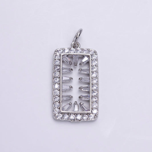 White Gold Filled Clear Triangle Baguette Open Micro Paved Tag Rectangular Charm | AC1452