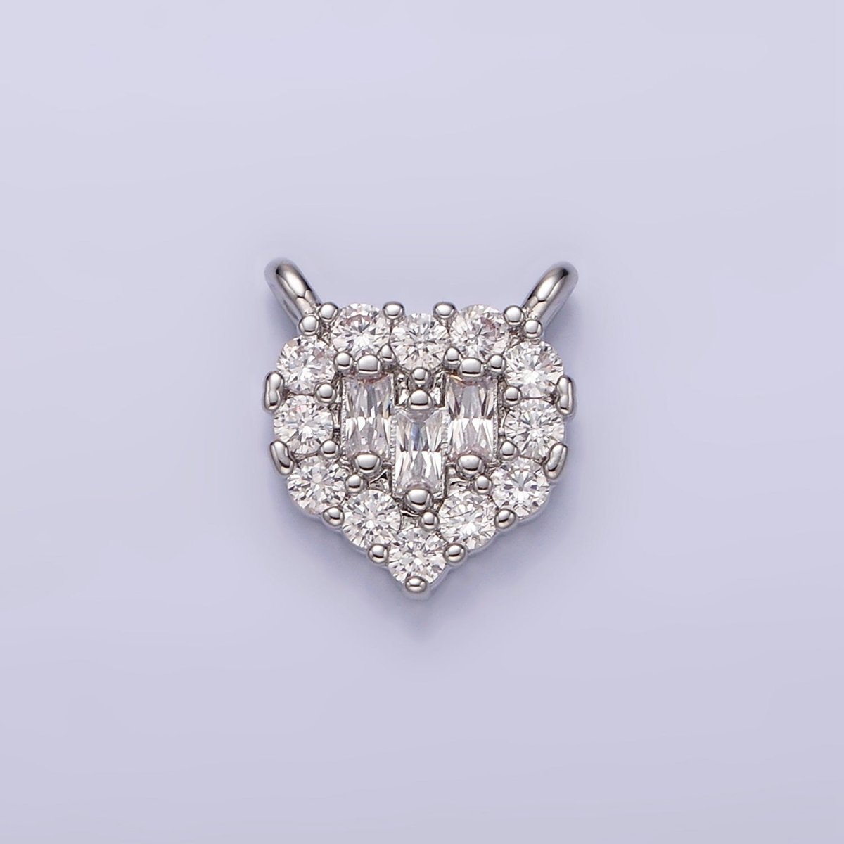 White Gold Filled Clear Triple Baguette Micro Paved CZ 10mm Heart Connector G-786