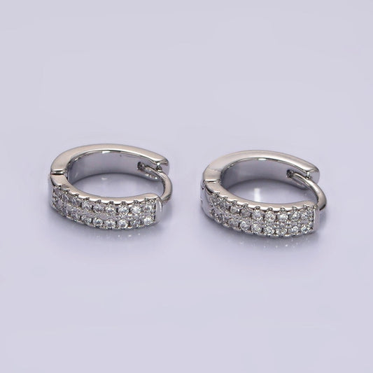 White Gold Filled CZ Double Micro Paved Lined 12mm Cartilage Huggie Earrings in Silver | AE100