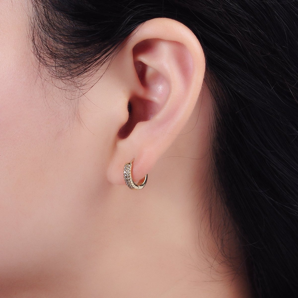 White Gold Filled CZ Double Micro Paved Lined 12mm Cartilage Huggie Earrings in Silver | AE100