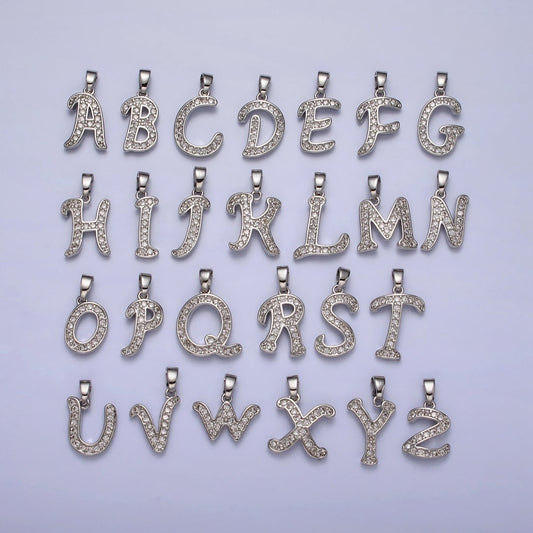 White Gold Filled Dainty Initial Letter Script A-Z Micro Paved CZ Personalized Pendant | A-390-A-402