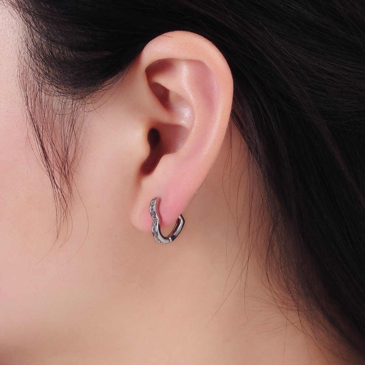 White Gold Filled Dotted Lined Heart Huggie Earrings | AB1271